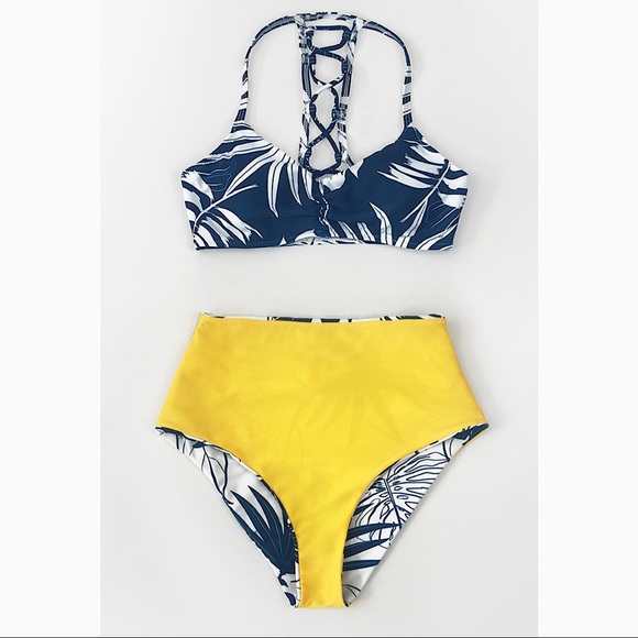 NEW Blue And White Leafy High Waisted Bikini Size Small - Picture 7 of 8